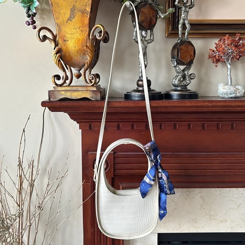 A New Day Cream Faux Crocodile Structured Crossbody Purse w/ Blue Nautical Twill - Picture 15 of 15